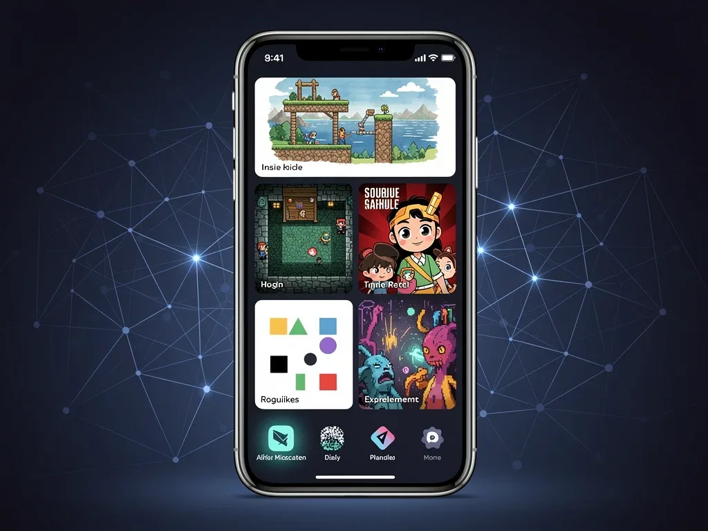 Mobile device showing diverse indie games from alternative platforms.