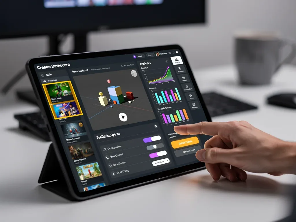 Developer interacting with tablet, showing game development and publishing tools.