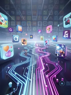 Futuristic digital landscape with mobile game icons representing alternative platforms.