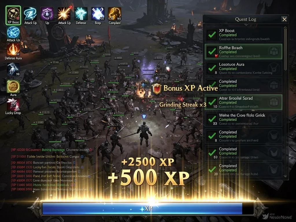 MMORPG quest log with completed quests and rapidly filling experience bar