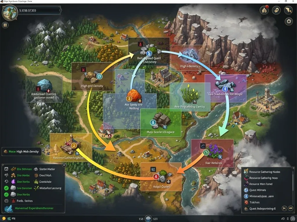 Strategic MMORPG zone map showing optimal leveling paths and resource nodes