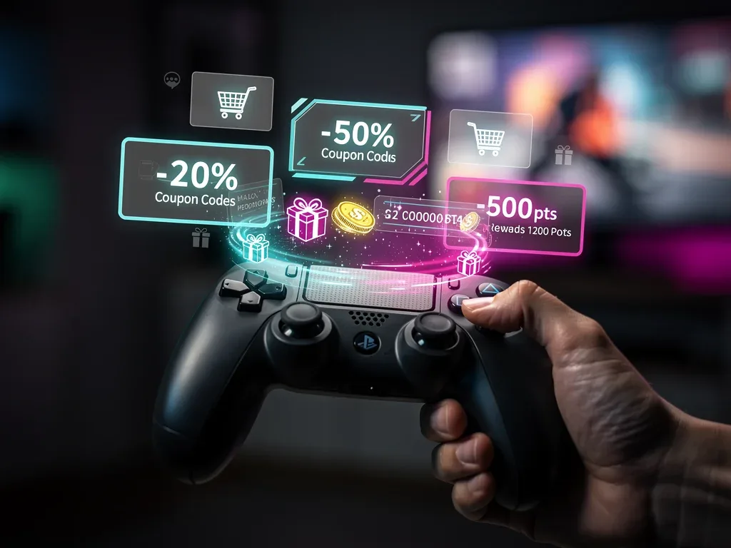 Hand holding a game controller with digital discount and reward icons.