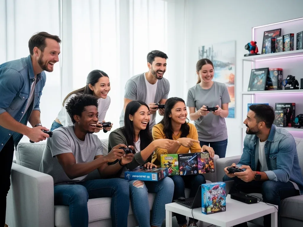 Diverse group of happy gamers celebrating community benefits.
