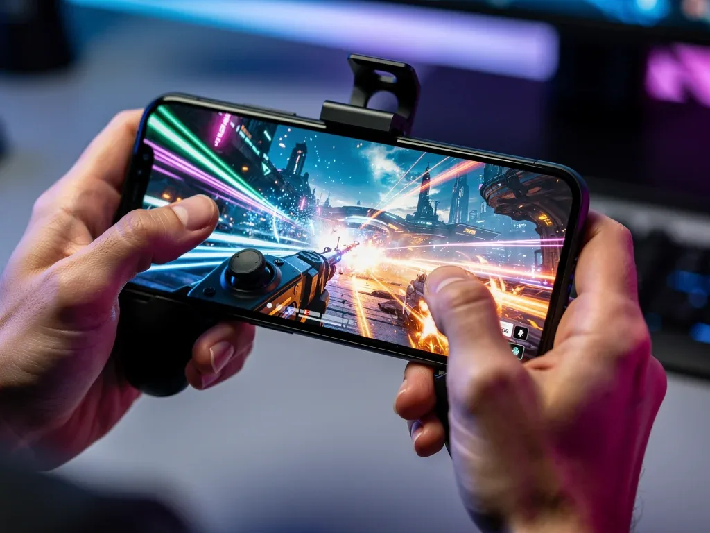 Gamer's hands holding mobile with attached controller for cloud gaming