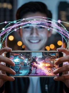 Futuristic smartphone displaying high-fidelity cloud game with network connections