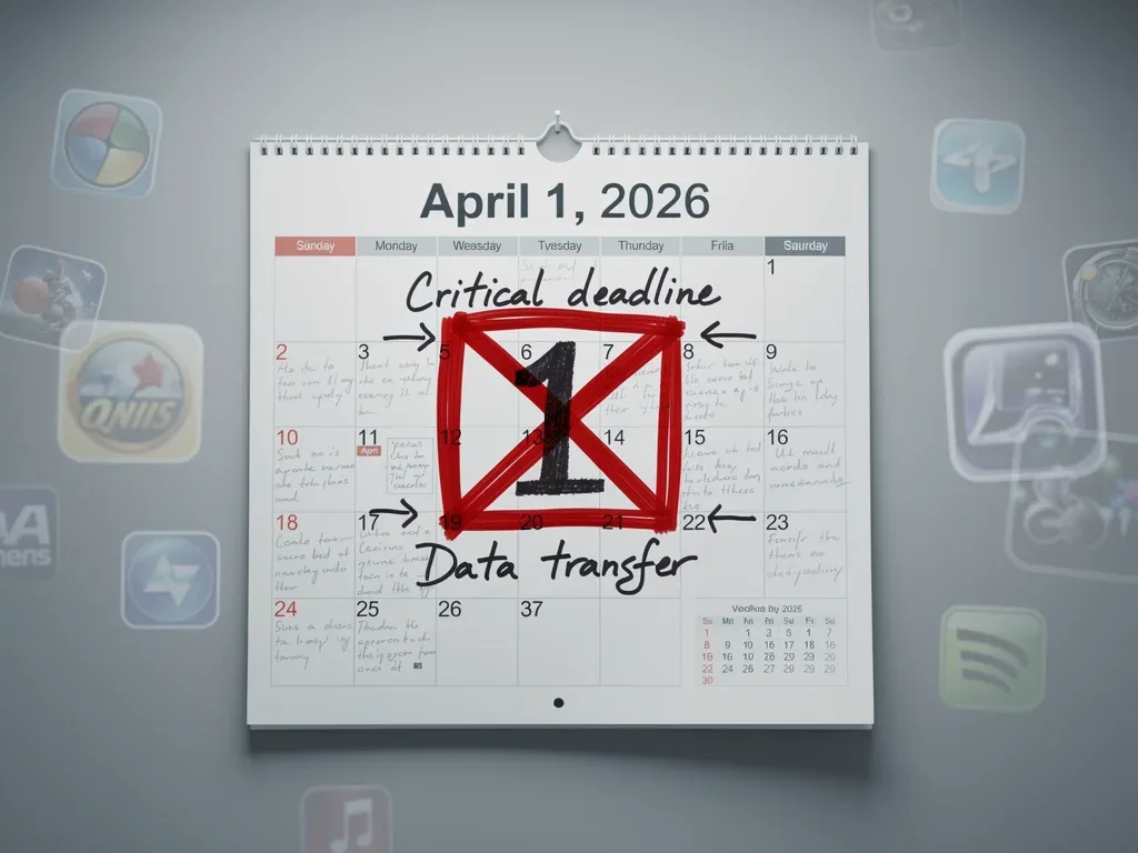 Calendar marking April 1, 2026, as the final data transfer deadline for a gaming service.