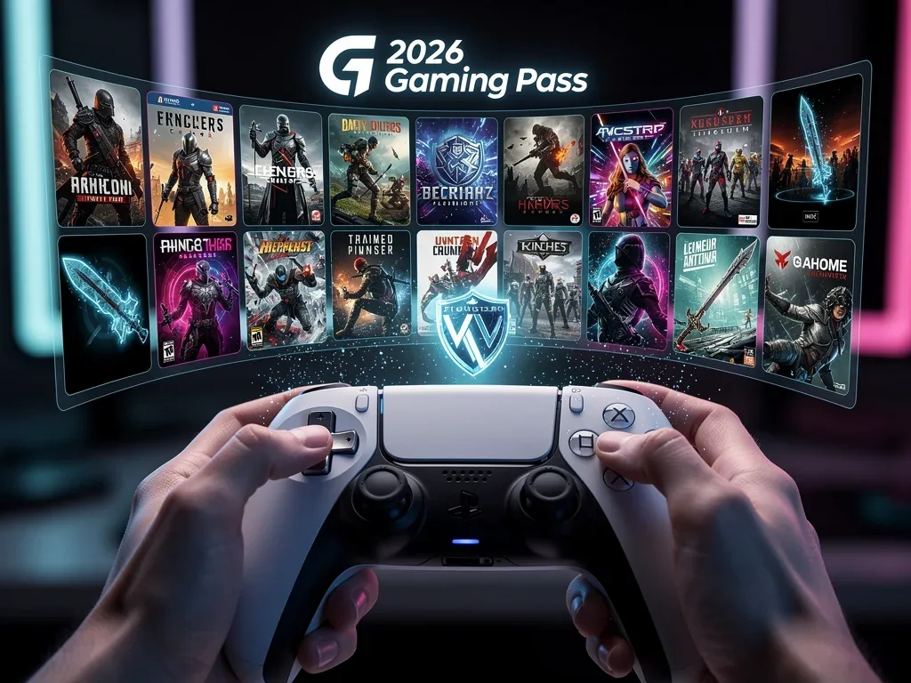 Gamer holding controller, viewing holographic display of 2026 Gaming Pass exclusive games and content.