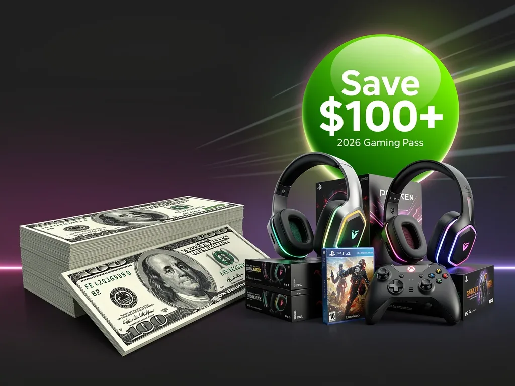 Graphic depicting money and gaming items with 'Save 0+' badge for 2026 Gaming Pass.