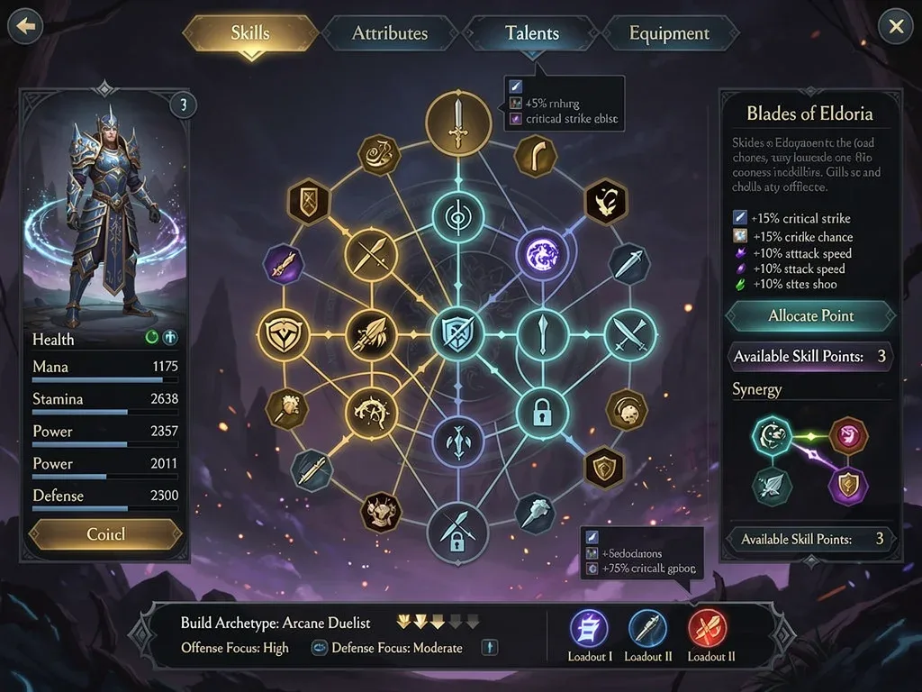 Echoes of Eldoria skill tree and character customization interface