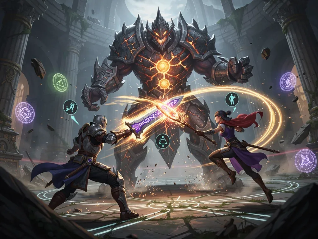 Echoes of Eldoria characters performing a cooperative attack on a boss