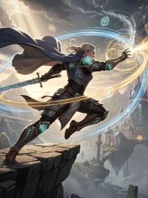 Echoes of Eldoria hero engaging in advanced combat with magical effects