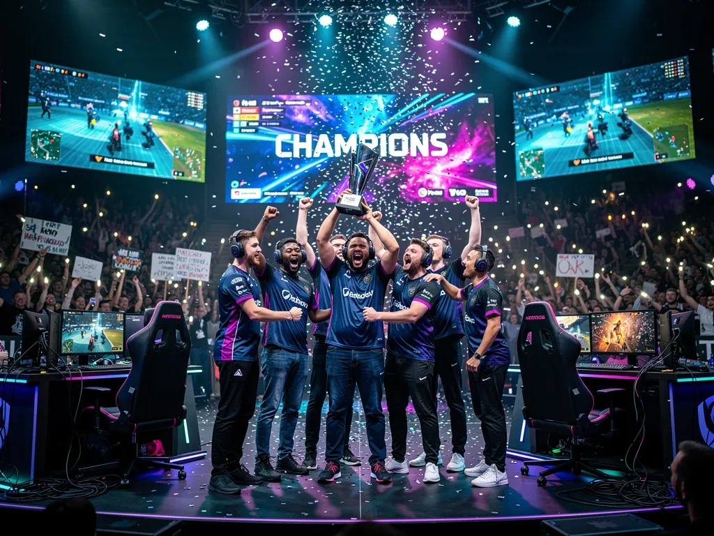 Esports team celebrating victory on stage, highlighting professional gaming growth