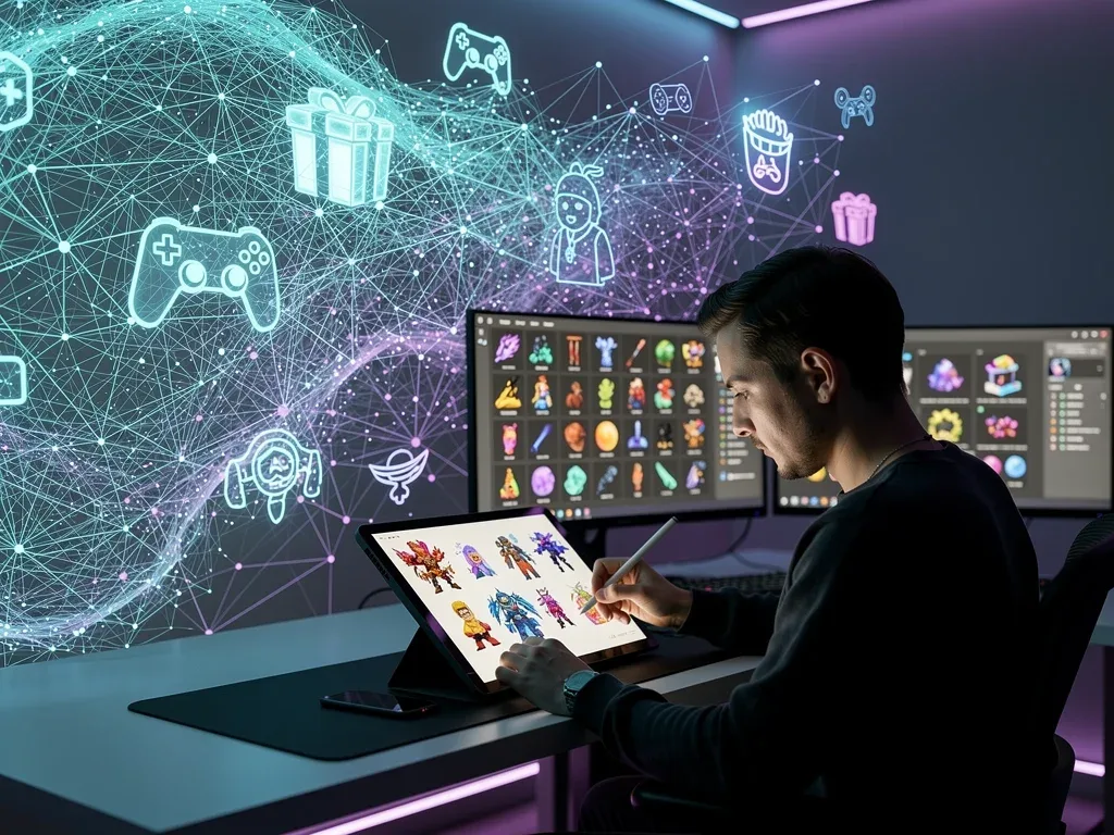 Digital artist creating in-game NFTs, symbolizing web3 and creator economy in gaming