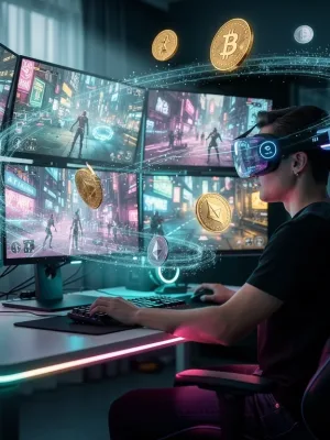 Futuristic gamer enjoying advanced VR/AR gaming with digital currency interface