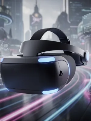 Futuristic PSVR 3 headset concept with glowing blue lights
