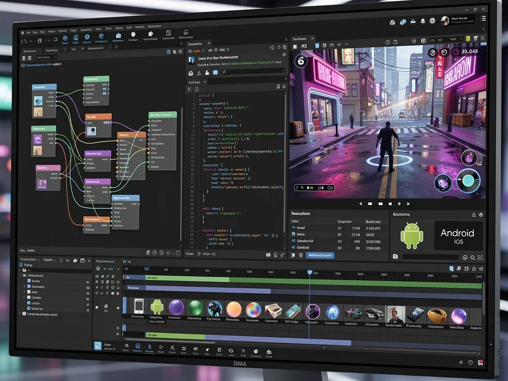 Advanced mobile game engine interface with real-time rendering and development tools.